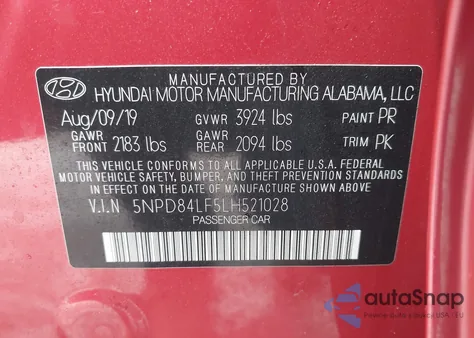 2020 Hyundai Elantra Limited z USA, uszkodzony, nr VIN 5NPD84LF5LH521028